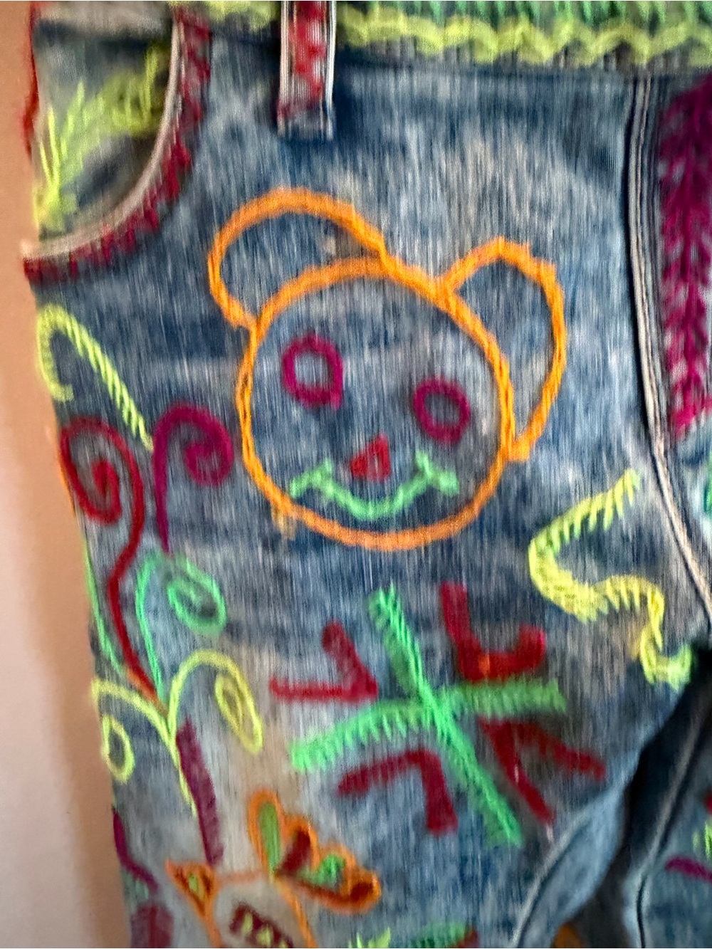 Custom Hand Embroidered Denim Overalls Light Wash Acid Jeans Neon Folk Art Style - Picture 3 of 11